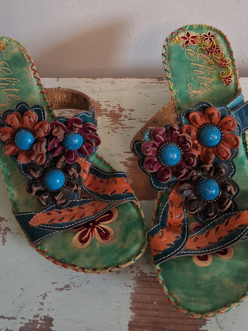 Handcrafted Green Floral Leather Slide Sandals with Turquoise Accents